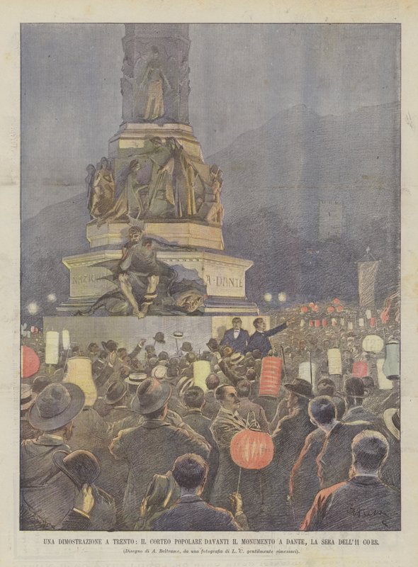 En demonstrasjon i Trento, den populære prosesjonen foran monumentet til Dante, La Sera Dell11 Corr av Achille Beltrame