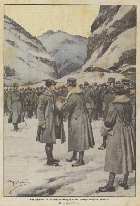 En seremoni i snøen, levering av to sølvmedaljer for tapperhet av Achille Beltrame