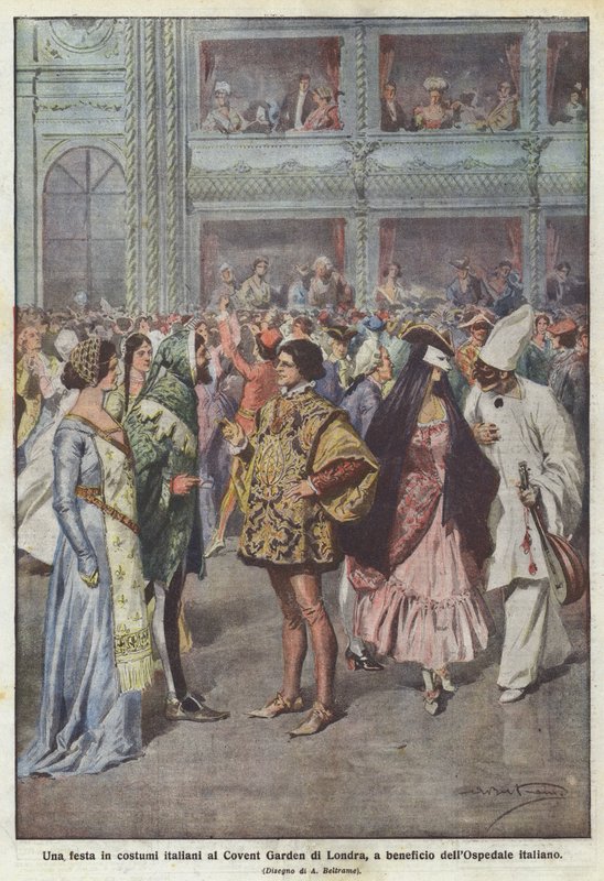 En fest i italienske kostymer i Londons Covent Garden, til fordel for det italienske sykehuset av Achille Beltrame