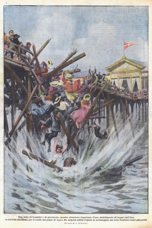 En mengde barn og unge jenter, mens de venter på åpningen av et badehus? av Achille Beltrame