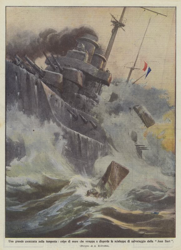 Et stort slagskip i stormen, et havslag som river og sprer livbåtene? av Achille Beltrame