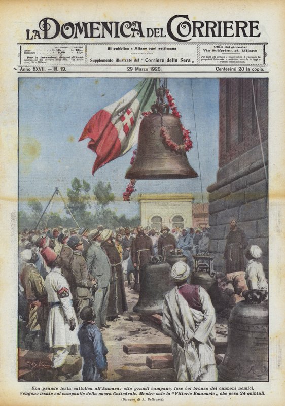 En stor katolsk fest i Asmara, åtte store klokker, støpt med bronse fra fiendens kanoner? av Achille Beltrame