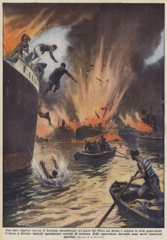 Et engelsk skip losset for bensin, satt i brann i havnen i Pireus i Athen, og sprengt? av Achille Beltrame