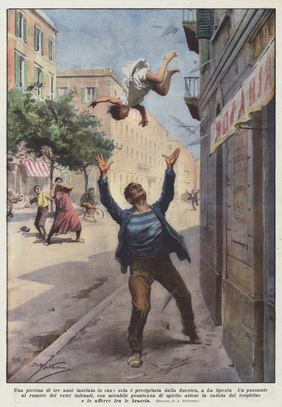 En tre år gammel jente dro hjemmefra alene og falt ut av vinduet i La Spezia av Achille Beltrame