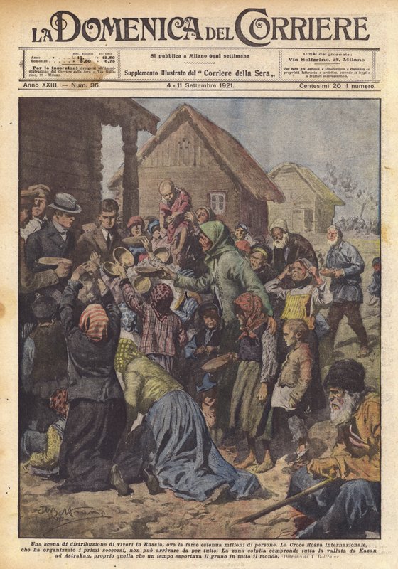 En scene for matdistribusjon i Russland, hvor sult utmatter millioner av mennesker av Achille Beltrame