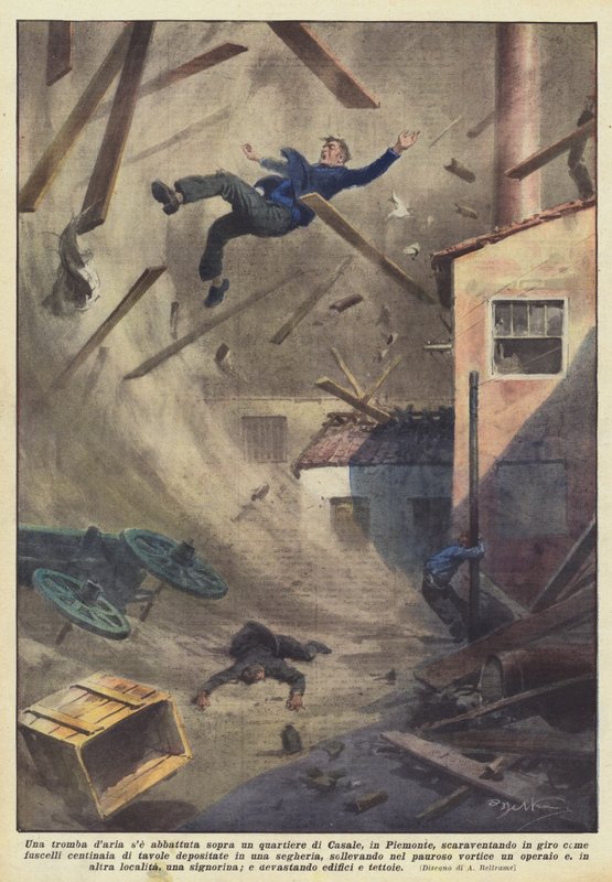 En virvelvind hvis skutt ned over et nabolag i Casale, i Piemonte, som kaster seg rundt? av Achille Beltrame