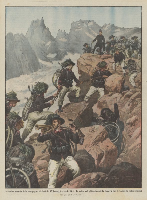 En dristig marsj av det 12. bersaglieri syklistselskapet i Alpene, bestigningen av isbreen? av Achille Beltrame