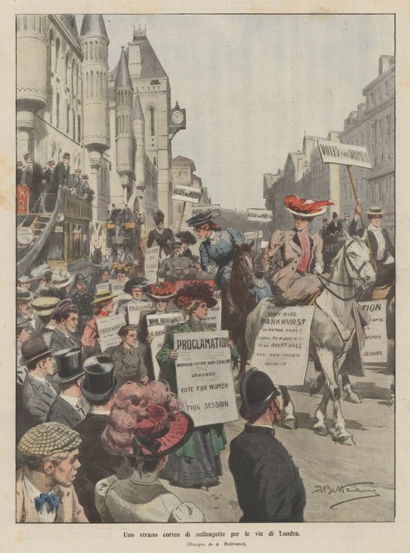 En merkelig prosesjon av suffragetter gjennom Londons gater av Achille Beltrame