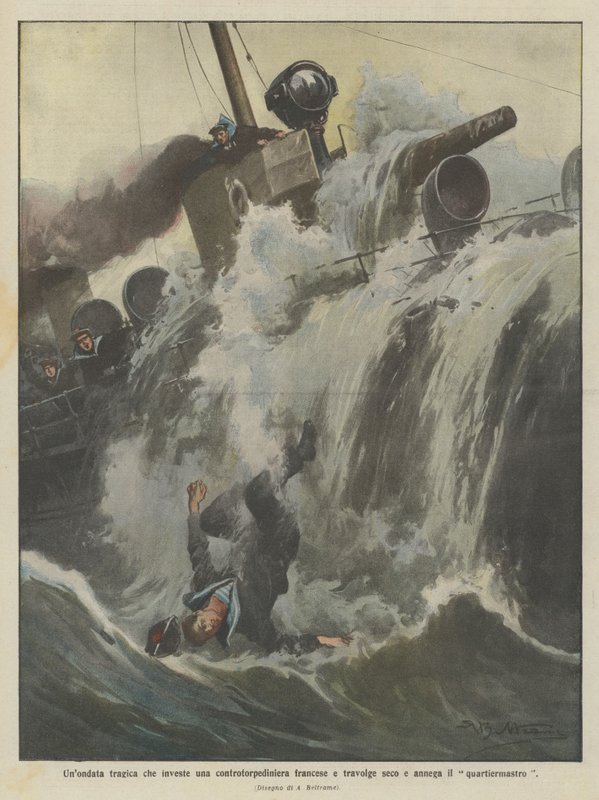 En tragisk bølge som treffer en fransk torpedobåt og overvelder den og drukner kvartermesteren av Achille Beltrame