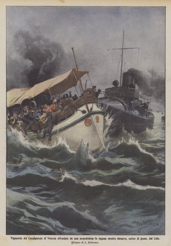 Vaporetto fra Canalgrande i Venezia senket av en torpedobåt i lagunen på vei tilbake? av Achille Beltrame