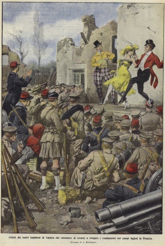 En rekke artister fra London-teatre som underholder de britiske troppene i leire i Frankrike av Achille Beltrame