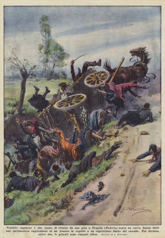Tjuetre jenter og to nonner, på vei tilbake fra en tur til Praglia (Padua) på en vogn? av Achille Beltrame