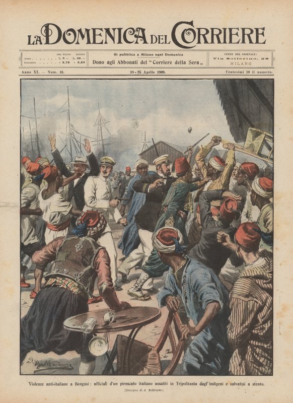 Anti-italiensk vold i Benghazi, offiserer på et italiensk dampskip angrepet i Tripolitania? av Achille Beltrame