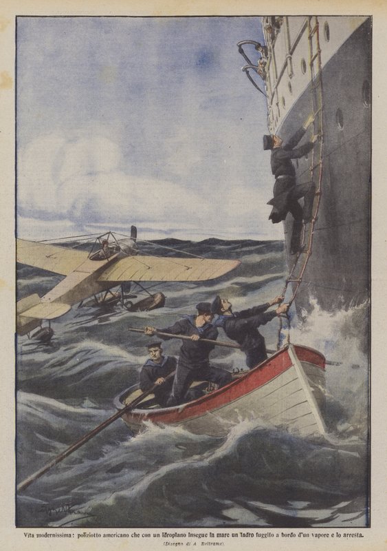 Veldig moderne liv, en amerikansk politimann som jager en luggifo-tyv i havet med et vannfly? av Achille Beltrame