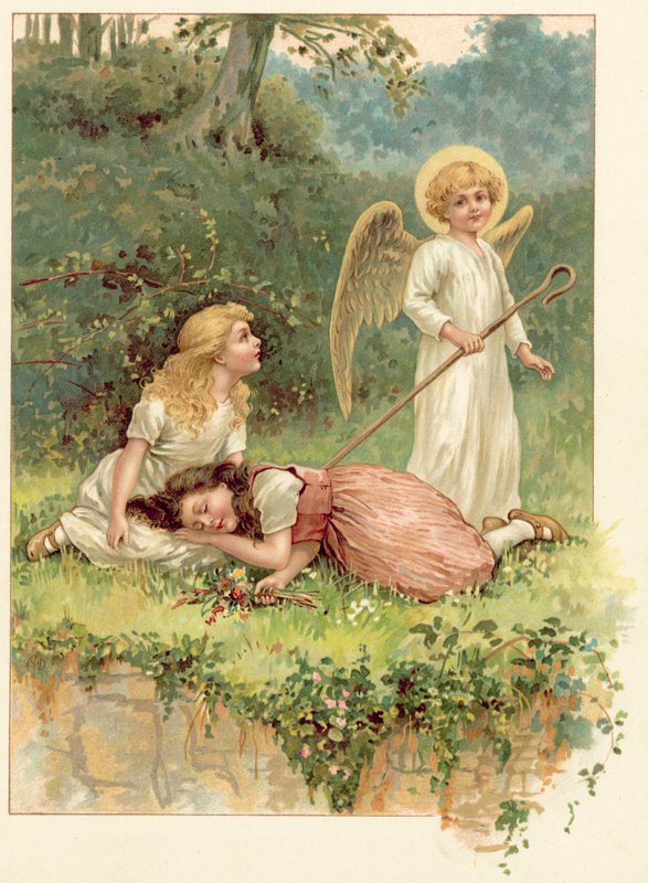 Snøhvit, rosa-rød og engelen (chromolitho) av Ada Dennis