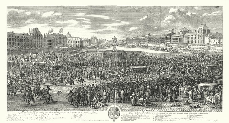 Louis XIV av Frankrike og hans vakt krysser Pont-Neuf i Paris på vei til Palais du Louvre (gravering) av Adam Frans van der Meulen