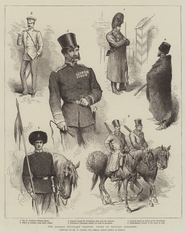Den afghanske grensetvisten, typer russisk soldater av Adolf Alfred Larsen