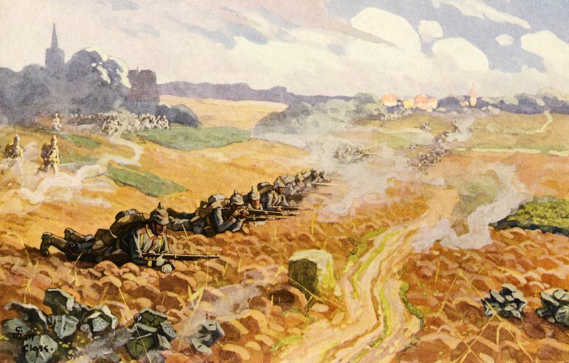 Preussisk infanteri av linjen på angrepet (farge litho) av Adolf Closs