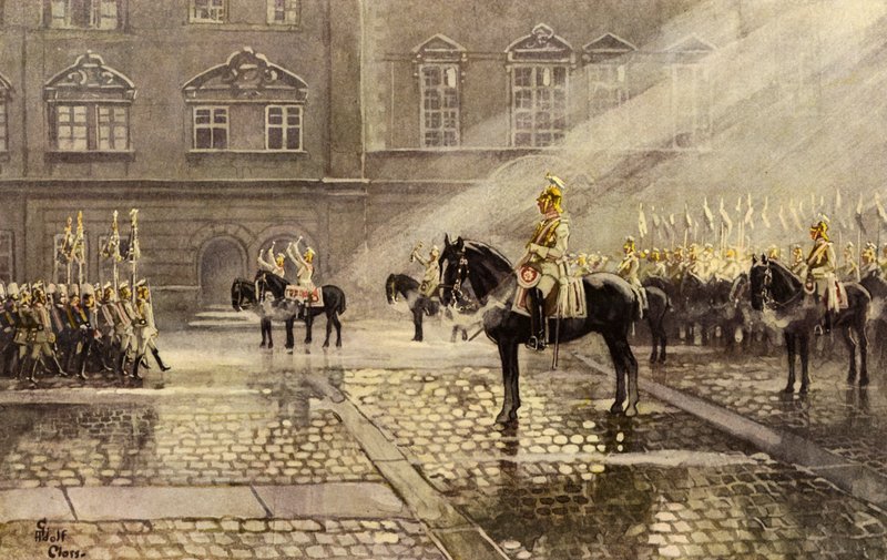 Standard lagerskvadron fra Gardes du Corps, livvakt til den tyske Kaiser (farge litho) av Adolf Closs