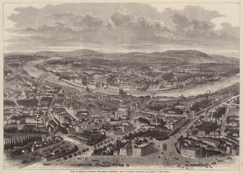 Fugleperspektiv av Basel, Sveits (gravering) av Adolf Eltzner