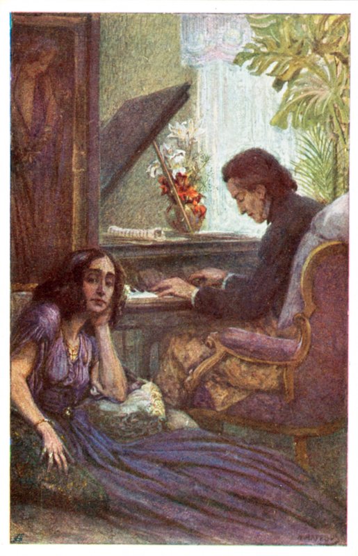 Musiker og komponist, Frederic Chopin, med George Sand av Adolf Karpellus (farge litho) av Adolf Karpellus
