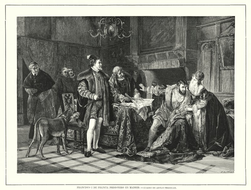 Kong Frans I av Frankrike fengslet i Milano etter hans nederlag i slaget ved Pavia av Adolph (after) Treidler