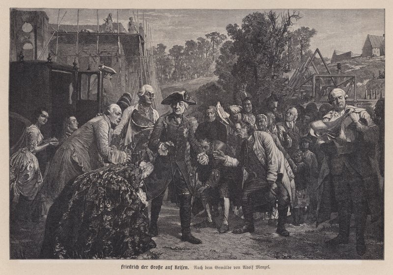 Fredrik den store, konge av Preussen, på reise (gravering) av Adolph Friedrich Erdmann von (after) Menzel