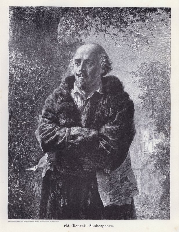 William Shakespeare , engelsk dramatiker (gravering) av Adolph Friedrich Erdmann von (after) Menzel