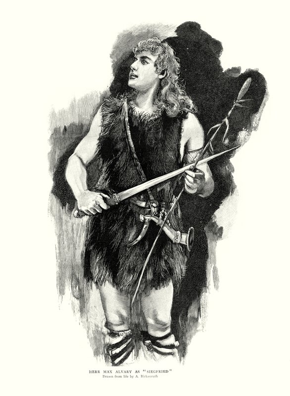 Den tyske tenoren Max Alvary som Siegfried i Richard Wagners opera Die Walkure ved Royal Opera House, Covent Garden, London (litho) av Adolphe Birkenruth