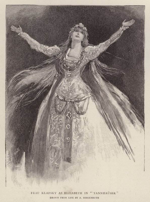 Den ungarske sopranen Katharina Klafsky som Elisabeth i Richard Wagners opera Tannhauser ved Royal Opera House, Covent Garden, London av Adolphe Birkenruth