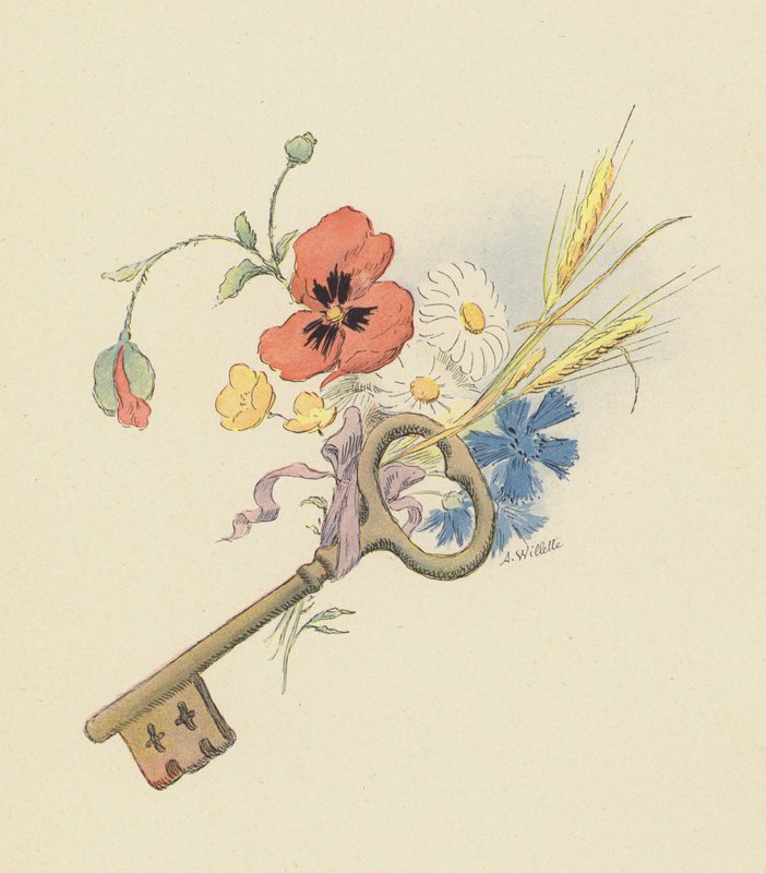 Nøkkel og blomster (farge litho) av Adolphe Leon Willette