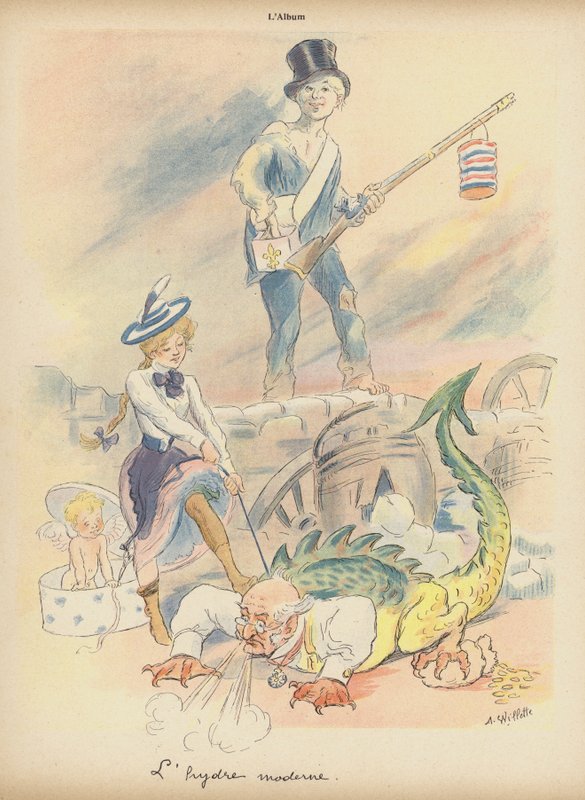 The Modern Hydra (farge litho) av Adolphe Leon Willette