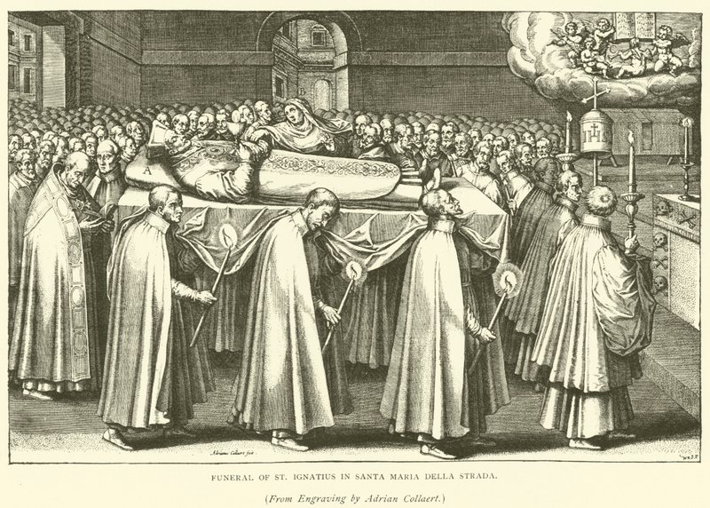 Begravelse av St Ignatius i Santa Maria Della Strada (gravering) av Adriaen (after) Collaert