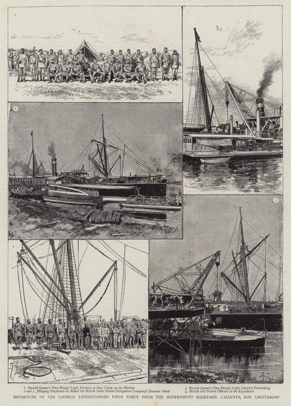 Avgang fra Looshai-ekspedisjonsfeltstyrken fra Government Dockyard, Calcutta, for Chittagong av Adrien Emmanuel Marie