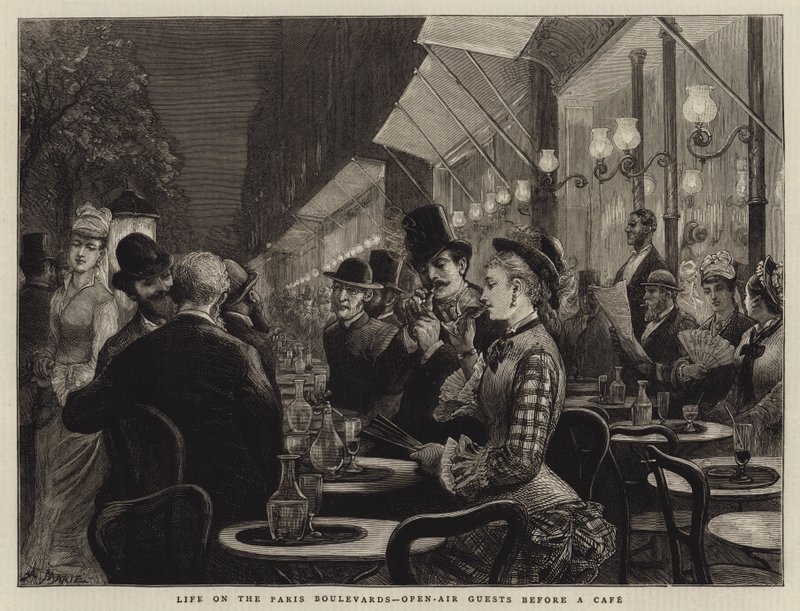 Livet på Paris Boulevards, utendørs gjester før en kafé av Adrien Emmanuel Marie