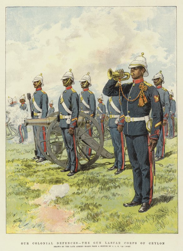 Vårt koloniale forsvar, Gun Lascar Corps of Ceylon (chromolitho) av Adrien Emmanuel Marie