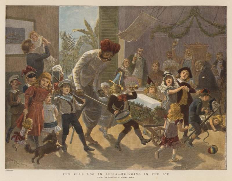 The Yule Log in India, Bringing in the Ice (chromolitho) av Adrien Emmanuel Marie