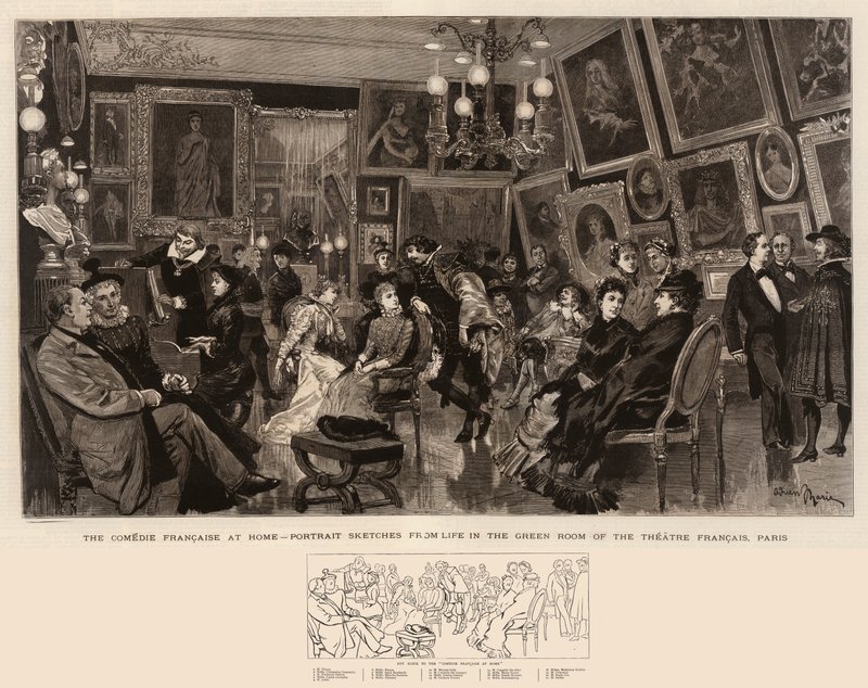 The Comedie Francaise at Home, Portrettskisser fra Livet i det grønne rommet i Theatre Francais, Paris av Adrien Emmanuel Marie