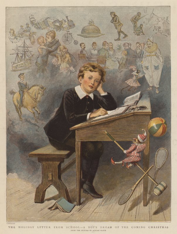 Feriebrevet fra skolen, en guttedrøm om den kommende julen (chromolitho) av Adrien Emmanuel Marie