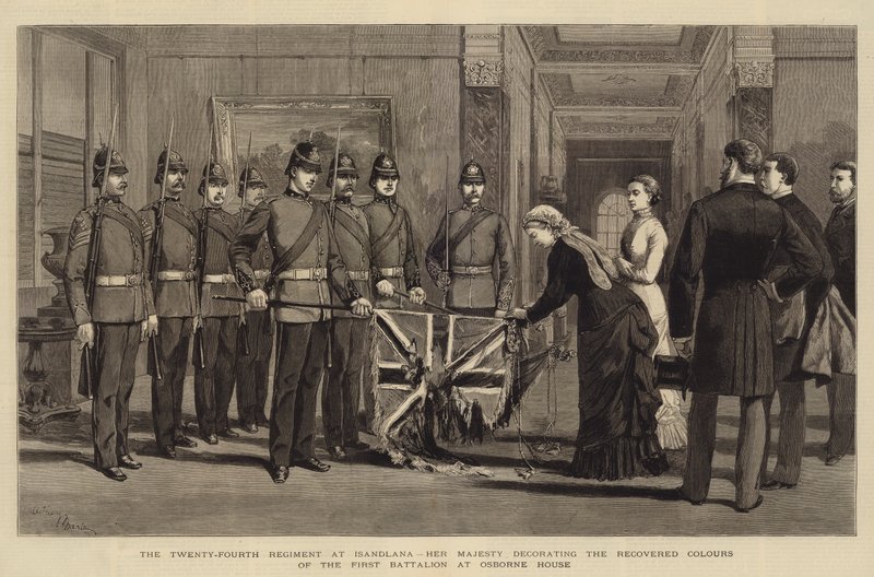 Det tjuefire regiment ved Isandlana, Hennes Majestet dekorerer de gjenvunnede fargene til den første bataljonen ved Osborne House av Adrien Emmanuel Marie