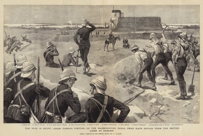 Krigen i Egypt, Arabi Pashas posisjon på Mahmoudiyeh-kanalen nær Kafr Dowar fra de britiske linjene ved Ramleh av Adrien Emmanuel Marie