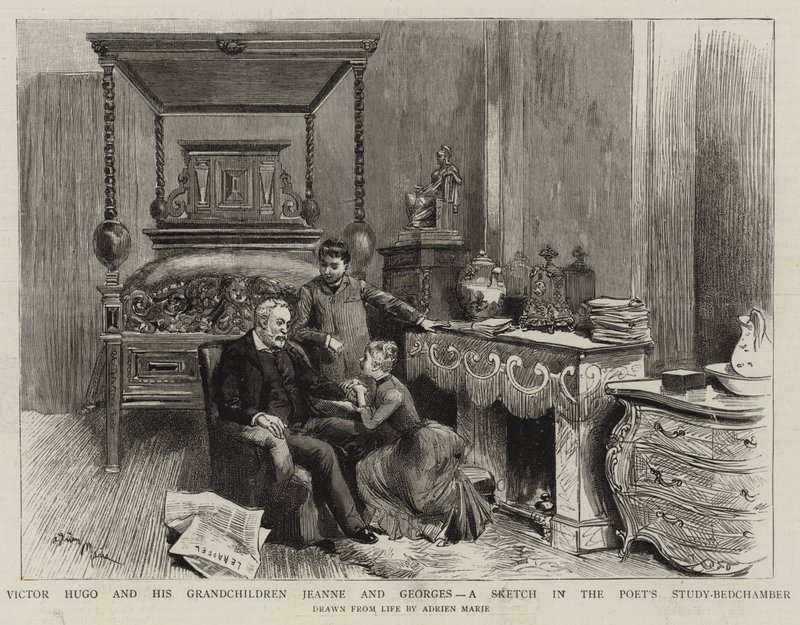 Victor Hugo og barnebarna hans Jeanne og Georges, en skisse i dikterens studie-sengekammer av Adrien Emmanuel Marie