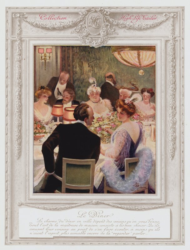 Belle Epoque Paris, fasjonabel dame som spiser middag (farge litho) av Albert Guillaume