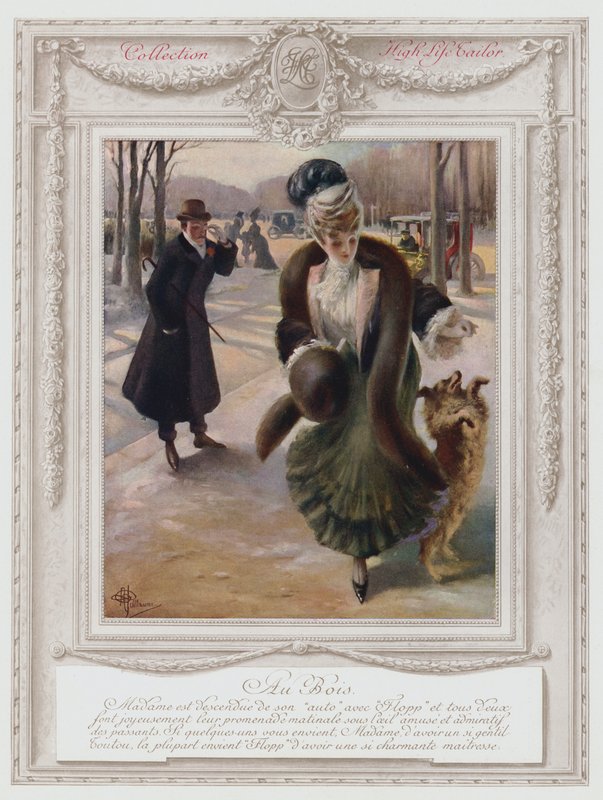 Belle Epoque Paris, fasjonabel dame i Bois de Boulogne (farge litho) av Albert Guillaume