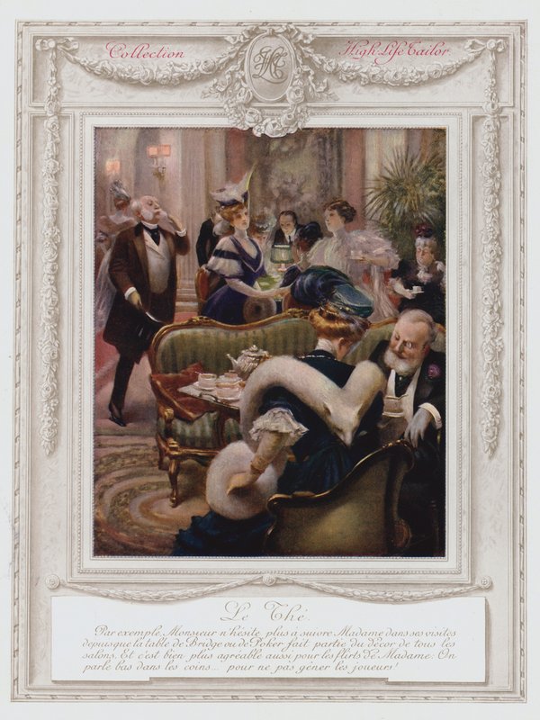 Belle Epoque Paris, fasjonabel dame som tar te (farge litho) av Albert Guillaume