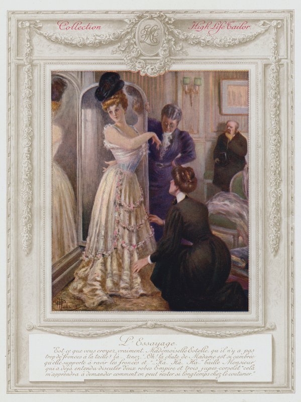 Belle Epoque Paris, fasjonabel dame, prøver en kjole (litho-farge) av Albert Guillaume