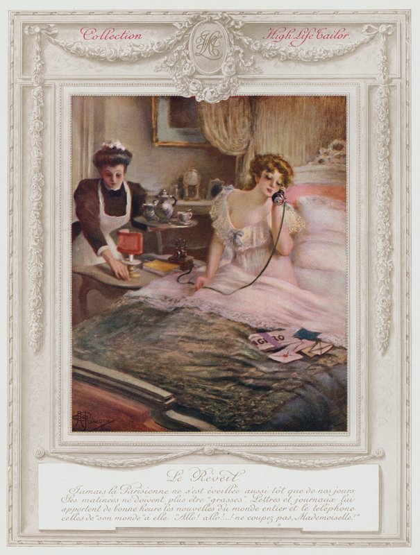 Belle Epoque Paris, fasjonabel dame som våkner (litho i farge) av Albert Guillaume