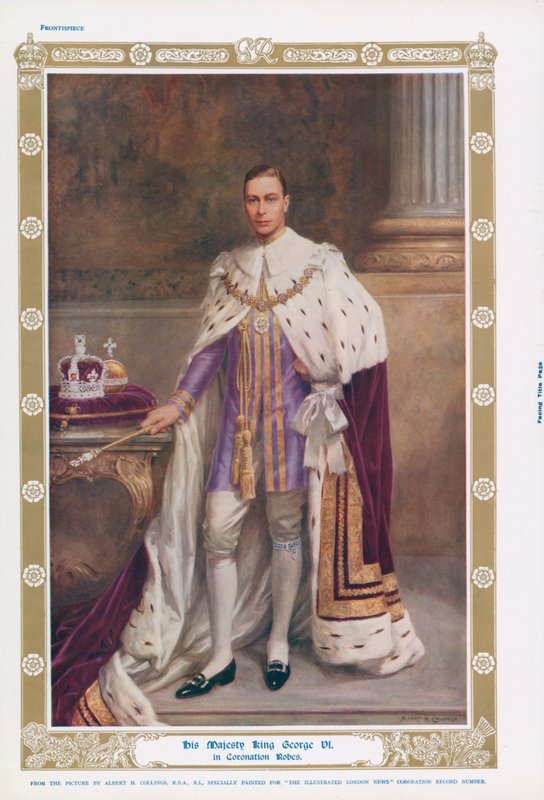 Kong George VI i sine kroningskapper (farge litho) av Albert Henry (after) Collings