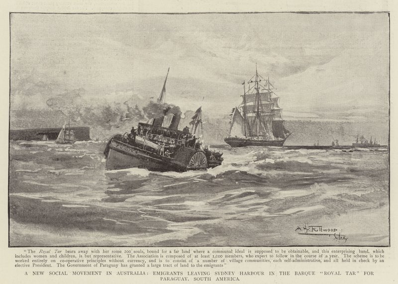 En ny sosial bevegelse i Australia, emigranter som forlater Sydney Harbour i Barque Royal Tar for Paraguay, Sør-Amerika av Albert Henry Fullwood
