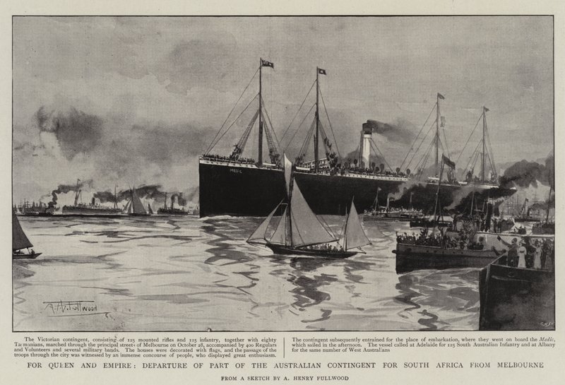 For Queen and Empire, avgang fra en del av den australske kontingenten til Sør-Afrika fra Melbourne av Albert Henry Fullwood